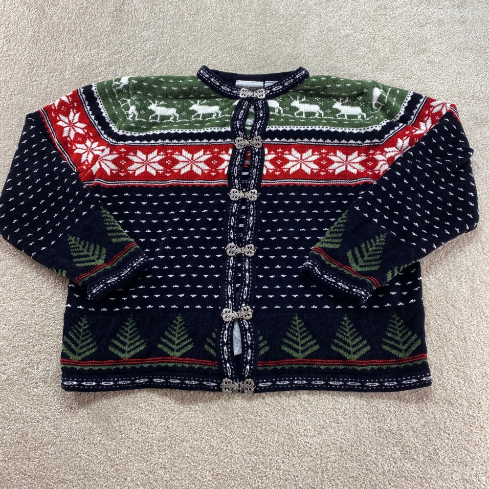 Croft & Barrow Cardigan Women Large Norwegian Fair Isle Snowflake Deer Tree Knit
